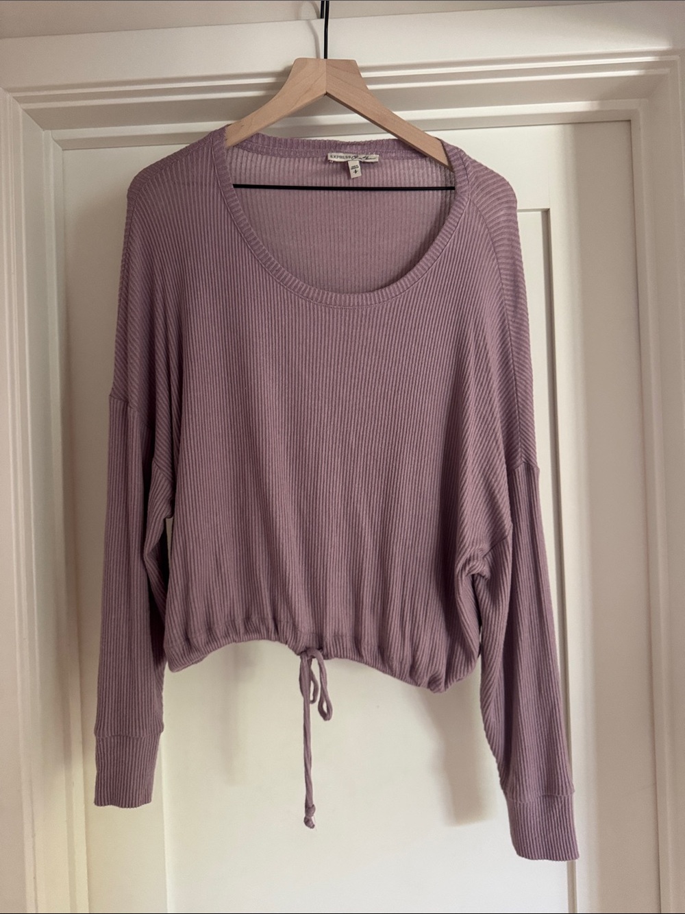 Express Ribbed Drawstring Long-Sleeve Top - Mauve